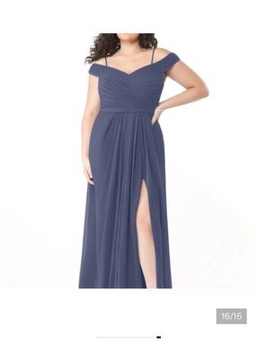 Azazie off the Shoulder Slate Blue Evening Gown